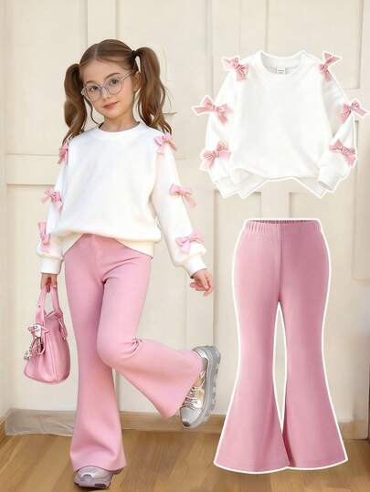 SHEIN 2pcs/Set Girls' Sweet & Cool 3D Bow Decor White Top + Black Flare Pants Outfit, Black Top With Multiple Pink Bows, Fashionable Fuchsia Flare Pants, Sweet & Stylish Vibe Suitable For Back To School, Outings, Street Style