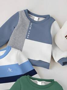 SHEIN 3pcs Baby Boy Soft Knitted Crew Neck Casual Sweatshirt,Navy And White Colorblock Patchwork New York Graphic Print,Back-To-School Autumn Essentials - Multicolor - View 4