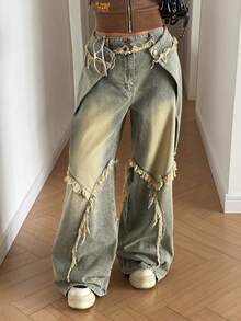 StreetHx 女士拼接毛边阔腿宽松休闲牛仔裤 - 藍色 - 查看 7