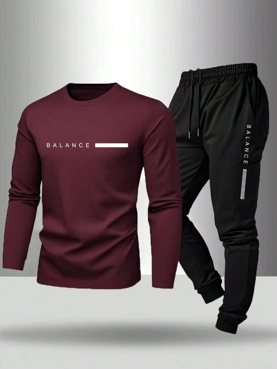 Gym Rark Men's Letter Print Long Sleeve T-Shirt And Drawstring Waist Pants Sports Suit Men 2 Pieces Outfits Gym Clothes Set Sets Athletic Workout Lightweight - Burgundy - View 1