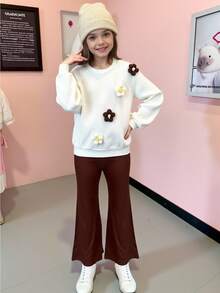 SHEIN Tween-Mädchen Lässiges Oberteil mit Blumenmuster und 3D-Dekor, Rundhalsausschnitt und Hose mit weitem Bein, Herbst-/Winter-Outfit - Khaki - Übersicht 1
