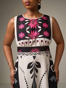 SHEIN Tall CURVE Street Style Plus Size Women Tropical Rainforest Print Sleeveless Maxi Dress,Boho Clothes Women Graphic Dress Unique Dress Patchwork Dress Floral Print Maxi Dress Abstract Print Dress Patch Work Dress Long Dress Summer Mexican Style Dress Women