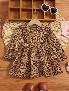 SHEIN Baby Girl Casual Sweet Ruffle Collar Midi Leopard Print Dresscozy Fall & Winter Styles - Multicolor - View 2