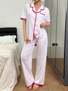 SHEIN Women's Fresh Heart Print Patchwork Color Block Collar Button Short Sleeve Pajama Set - White - View 4