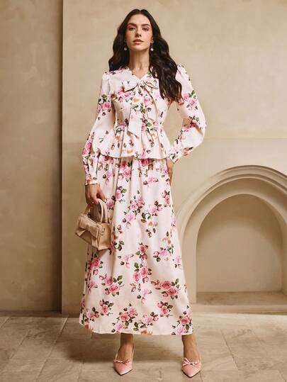 Omancia 女士 V 领蝴蝶结花卉优雅两件套，万圣节、感恩节、秋冬、新年奢华派对装