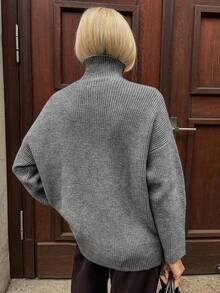 Vivie Lora Women's Gray Loose Fit Turtleneck Long Sleeve Sweater - Grey - View 3