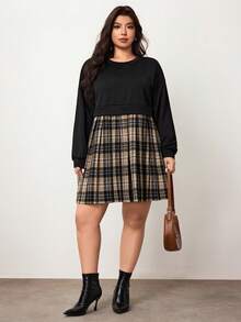 Enliva Plus Size Women Plaid Patchwork Long Sleeve Sweatshirt Dress, Suitable For Autumn/Autumn /Winter, Compatible With Apple Rounded Body Shape/2026 /New Year/Valentine's Day - Black - View 6