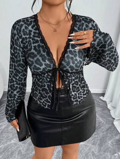 Elenzga 大码女式性感豹纹网纱系带V领喇叭袖修身衬衫