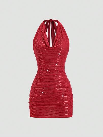 Sweetra Women's Party Sequin Draped Neck Backless Bodycon Mini Dress, Wine Red