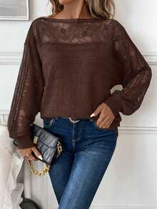 SHEIN Clasi 女士蕾丝边拼布套头衫 - 棕色 - 查看 7