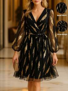 Balvessa Women's Black & Gold Foil Crossover Front Mini Dress, Long Sleeve