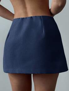 Firerie Minifalda de lino con envoltorio frontal de metal, elegante y minimalista, para uso diario - Azul Marino - Ver 2