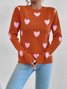 LanaWest Heart Jacquard Crew Neck Casual Long Sleeve Women Sweater, Suitable For Autumn/Winter - Orange - View 4
