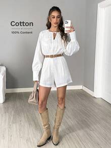 Easowa Tie Collar Bow Decor, Oblique Pockets, Lantern Sleeves, Button Front, Long Sleeve Jumpsuit Shorts, Casual Relaxed Elegant Commuter Vintage Style For Women, Autumn/Winter - White - View 7