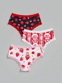 ROMWE Kawaii 3pcs/Set Strawberry & Cartoon Print Lace Patchwork Fashion Briefs - Multicolor - View 2