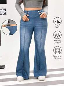 Flexra Plus Size Women High Waist Flare Casual Versatile Jeans - Medium Wash - View 1