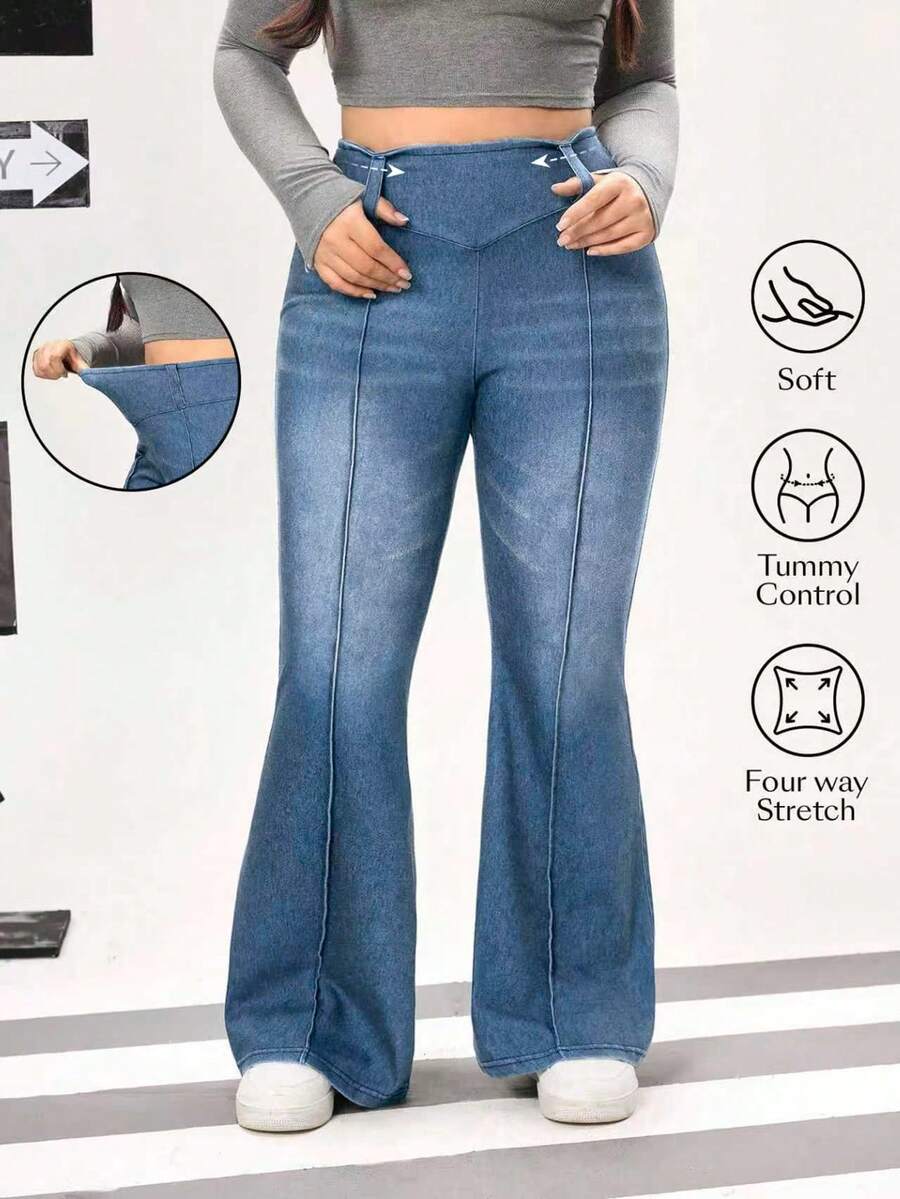 Flexra Plus Size Women High Waist Flare Casual Versatile Jeans - Medium Wash - View 1