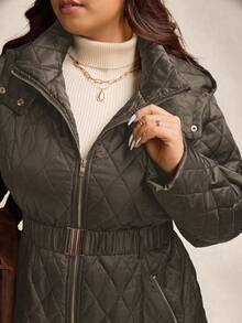 Zelara Quilted Padded Coat With Metal Belt, Plus Size Hooded Coat In Fall/Winter - Coffee Brown - View 4