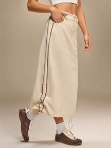 Hanevo Women's Casual Sports Snap Button Slant Pocket Side Ruched Slit Skirt - Apricot - View 6