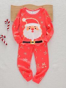 2件套男童可爱圣诞夜光圣诞老人卡通图案长袖修身睡衣套装，秋冬款 - 紅色 - 查看 7