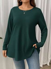 Firerie 加大码优雅休闲度假宽松长袖圆领纯色基本款分层伞形下摆 T 恤 - 墨綠色 - 查看 9