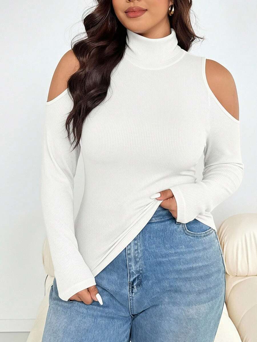 SHEIN Essnce 大码女士秋冬时尚休闲高弹舒适日常百搭修身白色高领修身上衣,秋季打底衫,工作上衣,冬季外出上衣 - 白色 - 查看 1