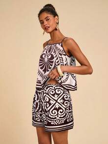 SHEIN TRVLCHIC Conjunto de 2 piezas de camiseta sin mangas y pantalones cortos con estampado completo para vacaciones de verano de mujer - Marrón Chocolate - Ver 5
