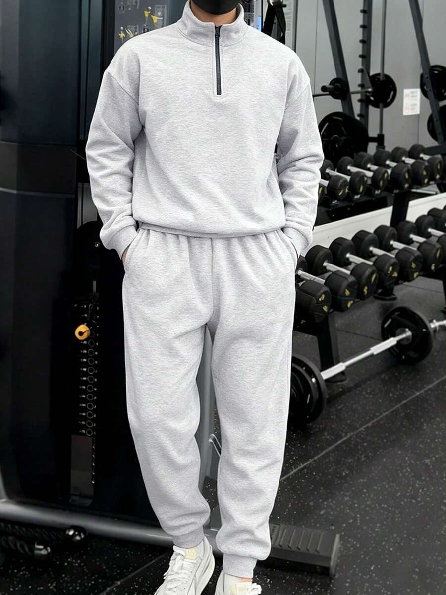 Manfinity Homme 男士纯色拉链半开襟卫衣和运动裤休闲两件套运动服，适合慢跑、健身等运动场合。 - 灰色 - 查看 1