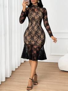 SHEIN Lady Women's Mandarin Collar Contrast Lace Long Sleeve Fishtail Hem Elegant Dress - Black - View 5