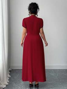 SHEIN CURVE+ Đầm xòe dài tay màu tương phản phong cách Trung Hoa cỡ lớn thanh lịch cổ áo - Đỏ - Xem 2