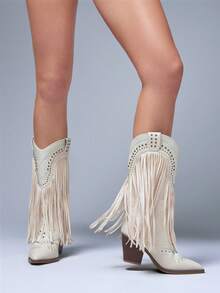 Solezae Botas occidentales de media pantorrilla con punta puntiaguda, tacón grueso, tachuelas y bordados para mujer - Blanco - Ver 4