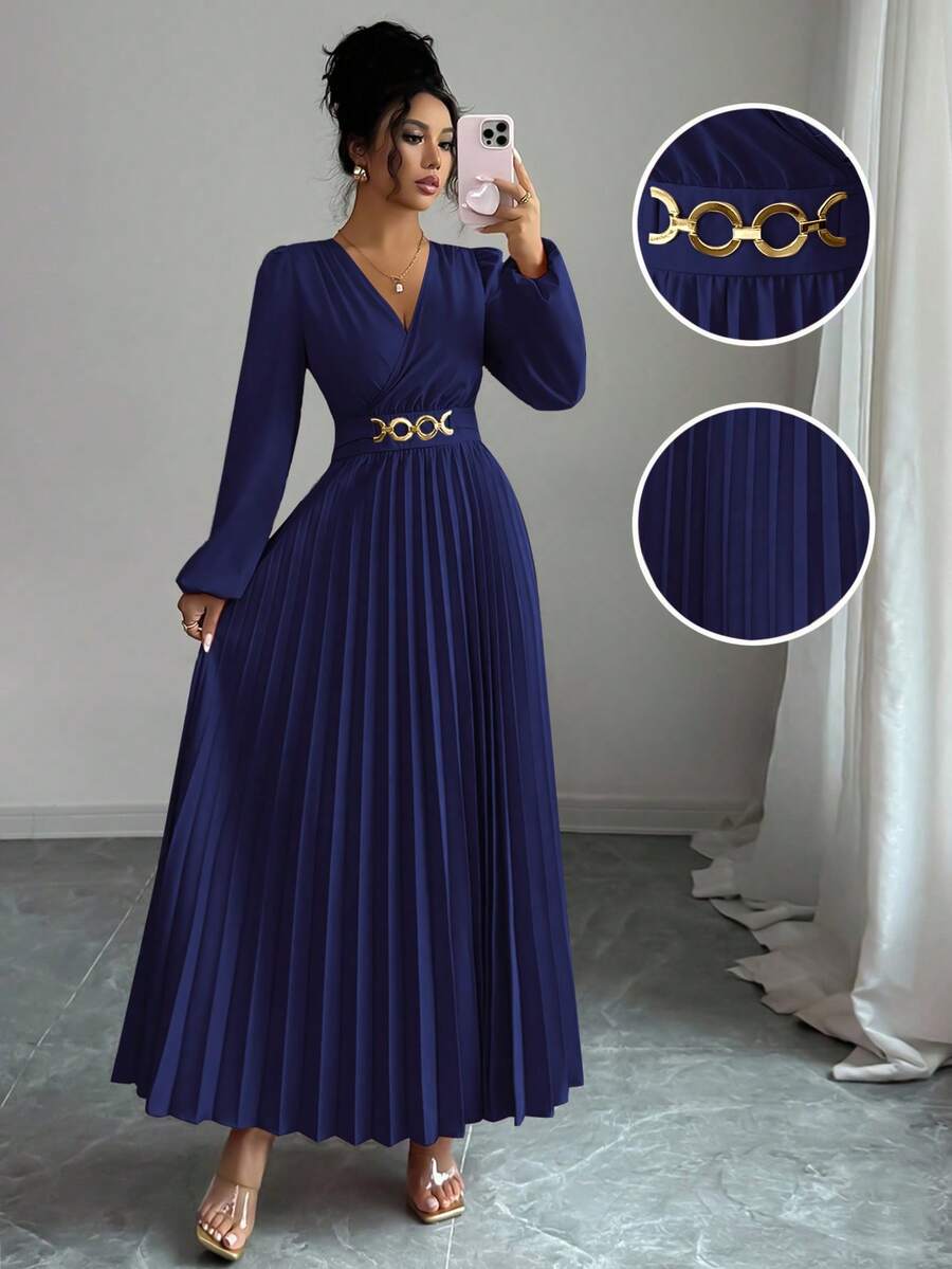 Elenzga 女士秋冬返校褶裥金属链装饰生日连衣裙，优雅婚礼宾客礼服 - 藏蓝色 - 查看 1