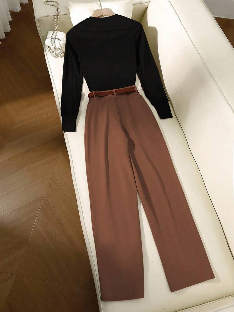 SHEIN Franclia Bộ 2 áo thun gân cao cấp và quần trơn màu thời trang thường ngày dành cho nữ, Xuân/Thu - Nhiều màu - Xem 2