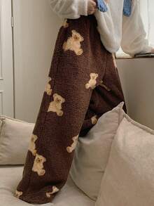 DAZY 女士直筒蓬松舒适睡裤，饰有毛绒小熊印花，适合秋冬季穿着