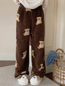 DAZY 女士直筒蓬松舒适睡裤，饰有毛绒小熊印花，适合秋冬季穿着