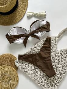 Swim Chiccia 2 件套优雅撞色 W 形图案无线比基尼上衣和系带侧低腰比基尼泳裤套装 - 彩色 - 查看 6