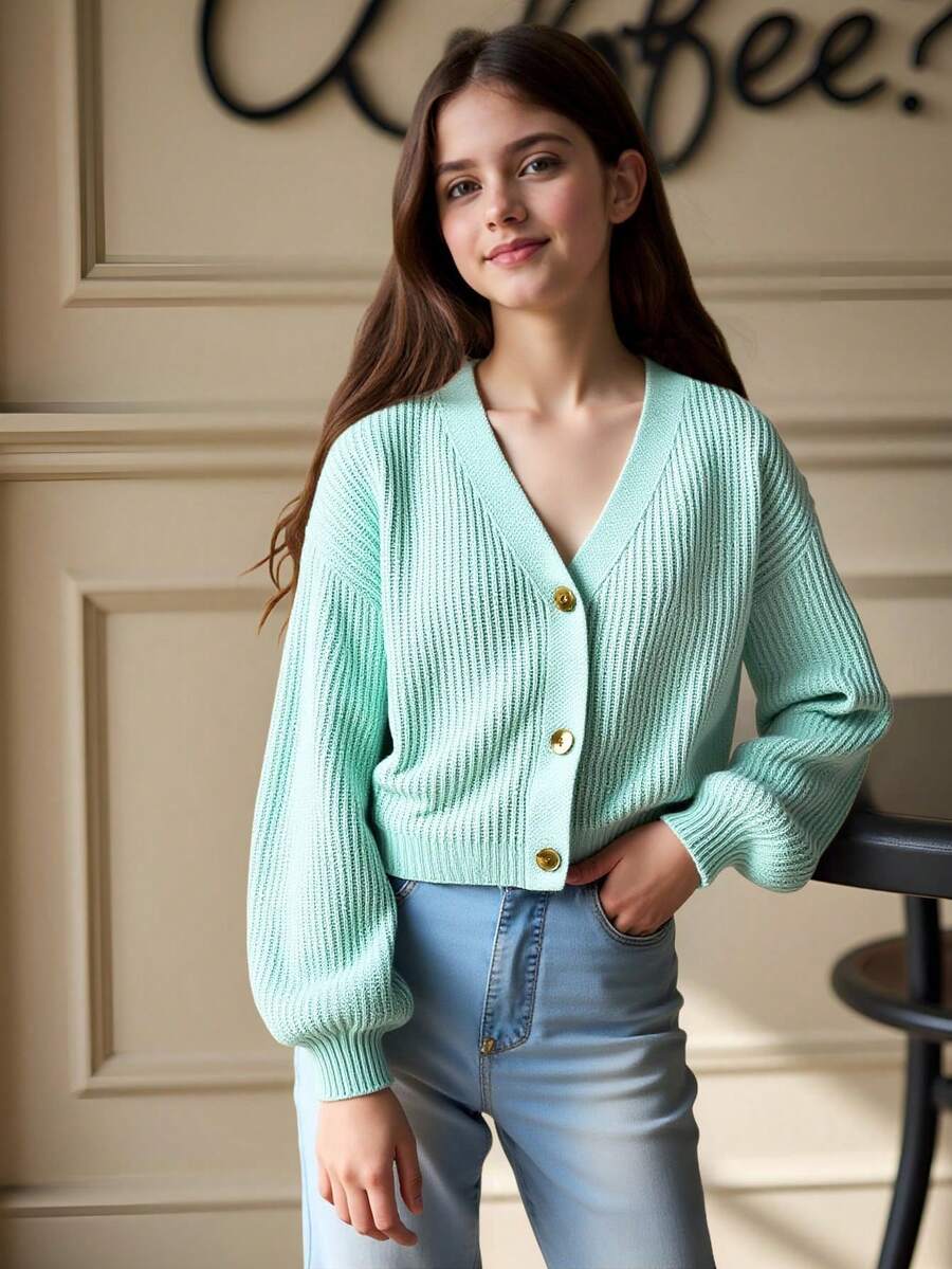 SHEIN Tween Girl Spring And Autumn Casual Solid Color Lantern Sleeve Cardigan - Green - View 1