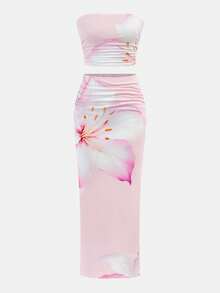 SHEIN Teen Girl Tropical Print Backless Maxi Dress 2 Pieces Set, Pink