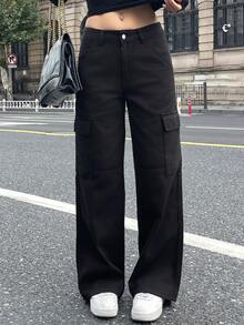DAZY Pantaloni cargo vintage mimetici americani, vestibilità dritta e ampia, pantaloni casual lavati con tasche multiple per donne jeans - nero - Visualizzare 8