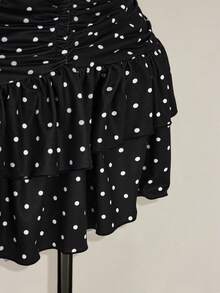 SHEIN ICON 大码女式复古休闲性感 Y2K 波尔卡圆点图案分层蛋糕迷你裙 - 黑與白 - 查看 6