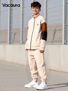 Vacaura 2pcs/Set Teenage Boys Casual Contrast Color Patchwork Hoodie And Drawstring Pants Outfit, Suitable For Autumn/Winter Daily, Commuting, School, Sports Wear