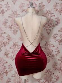 SHEIN ICON Plus Size Velvet Exaggerated Plunging Neckline Rhinestone Decor Backless Criss-Cross High Slit Mini Dress/Christmas