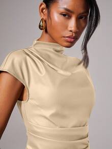 COSMINA Women's Elegant PU Leather Pleated Mini Dress, Summer - Apricot - View 6