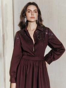 Anewsta Women's Elegant Rhinestone Embellished Long Sleeve Blouse And Waist-Cinched Skirt 2-Piece Set, Suitable For Party, New Year, Christmas - Purple - View 5