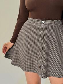 Auralis 新款复古美拉德印花羊毛A字格纹迷你裙，加大码女士经典千鸟格百褶裙，优雅美式前扣伞裙，棕色裙子搭配靴子，格纹裙，女士方格裙，春季 - 彩色 - 查看 6