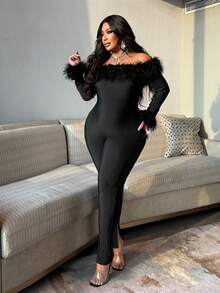NU&NOW 大码女式毛茸茸装饰长袖连体裤，浪漫约会夜派对俱乐部服装，设计感十足 - 黑色 - 查看 3