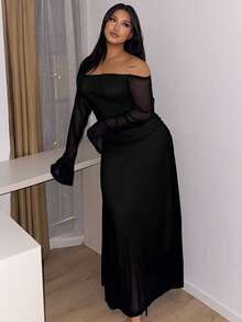 Firerie 大码优雅通勤办公室知性高端下午茶微性感约会音乐会派对INS流行复古学院风优雅性感派对聚会约会红色露肩网纱叠加长袖半透视鱼尾裙；节日；新年；派对；优雅办公室仙女长裙；新年派对礼服 - 黑色 - 查看 5