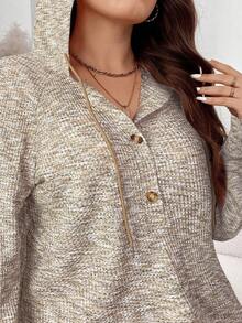 EMERY ROSE Plus Size Women's Hooded Drawstring Button Waffle Fabric Loose Casual Sweatshirt, Autumn & Winter Sweatshirts Christmas Holiday - Khaki - View 6