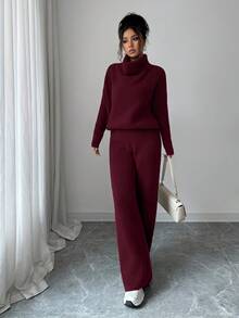 Elenzga 优雅休闲宽松驼色长袖针织衫和长裤两件套，适合通勤、秋冬季穿着。 - 酒紅色 - 查看 7