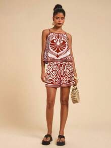 Travachic 女士复古印花吊带背心和短裤两件套，休闲度假装 - 橘色 - 查看 3